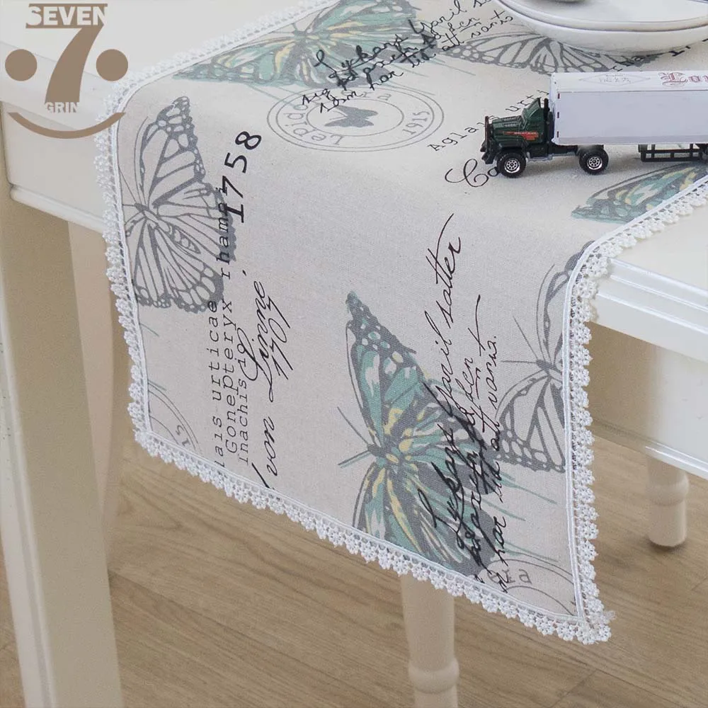 

Free Shipping Home Decorative Vintage Butterfly Cat Printed Embroidery Lace Border Coffee Table Runner