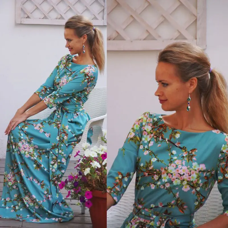 Платье Макси женское с длинным рукавом цветочным принтом и рукавом|sundresses long|maxi