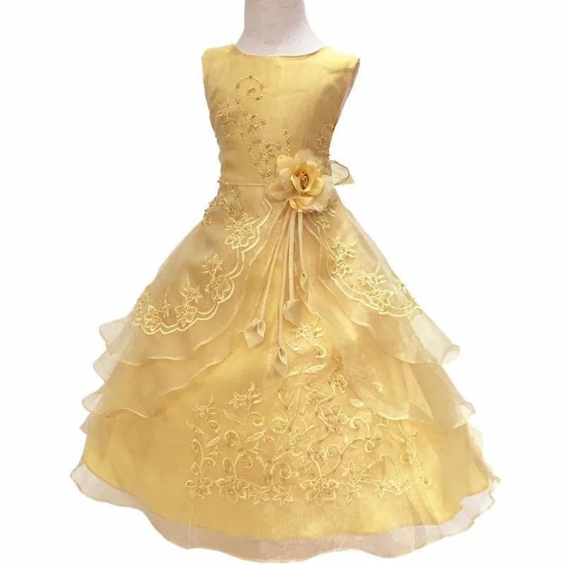 Free Shipping New Arrival Children Party Dress Teenage Kids Evening Gowns Embroidery Gold Flower Girl Dresses For Weddings