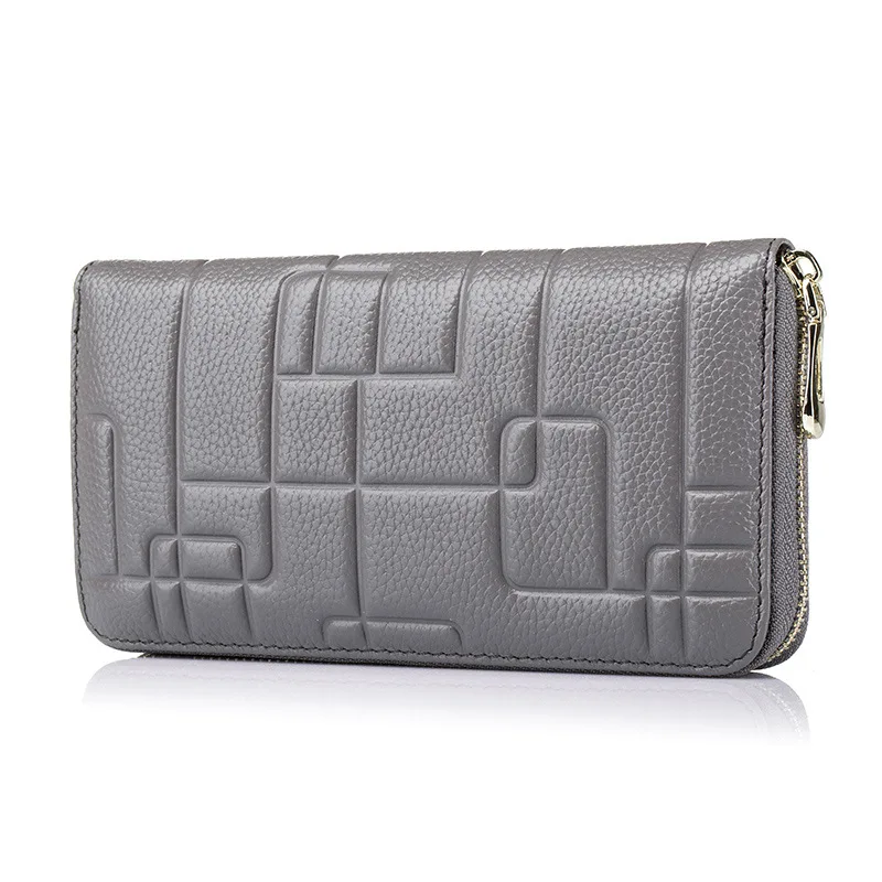 

100% Cow Genuine Leather Ladies Purse Embossed Zipper Long Wallet Three Layer Slot Zero Purse Dinner Holders Women Banquet Bag