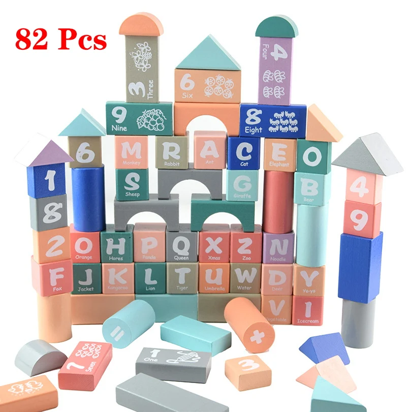 

82Pcs Montessori Macaron Wooden Alphanumeric Building Blocks Children Early Education Shape Cognitive Learning Toys Baby Gifts