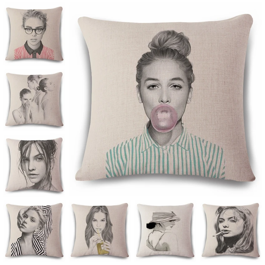 

Hand painted pale girl Cushion(No Filler) Polyester Family affection Sofa Car Seat family Home Decorative Throw Pillow