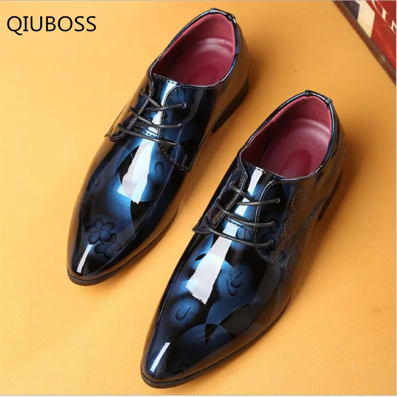 Qiuboss недавно Для Мужчин's лакированная кожаные туфли-оксфорды обувь с волнообразным краем; Zapatos de hombre Мужская деловая обувь Острый носок Бизнес Свадебные Q308 - Цвет: Синий