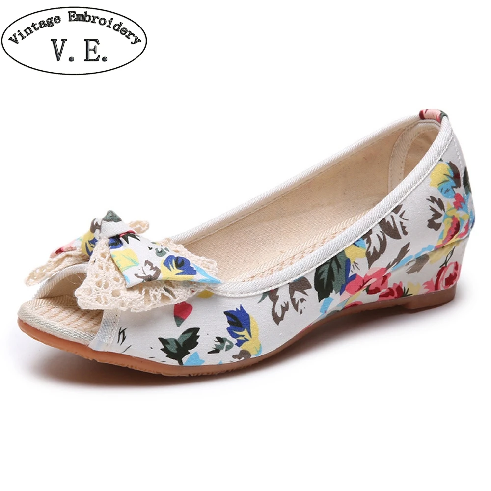 

Summer Peep Toe Women Sandals Canvas Floral Printed Bow-knot Wedges Shoes Woman Casual Soft Comfort Sandal Sandalia Feminina