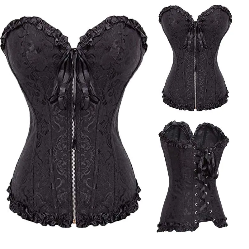 Women-Halloween-Zipper-Bustier-Top-Corset-Sexy-Boned-Waist-Trainer-Corset-Overbust-Brocade-Plus-Size-Waspie