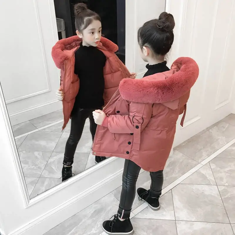 Новинка года; модные зимние плотные теплые куртки для девочек; парки с воротником из искусственного меха для девочек; хлопковая верхняя одежда для подростков; пальто; W143 - Цвет: huashenghong