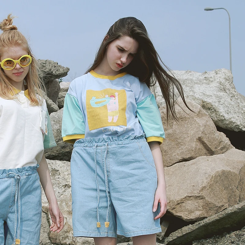 

Fashion Cute O-neck Short-sleeved Playful Letter Printed Women's T-shirts Summer Tee Tops Cotton Preppy Style