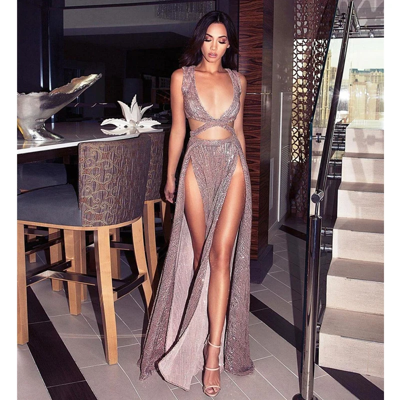 

New Style Elegant Hollow Out Long Party Dress Sexy V Neck Cross Backless High Slit Women Sequin Dress Celebrity Evening Vestidos