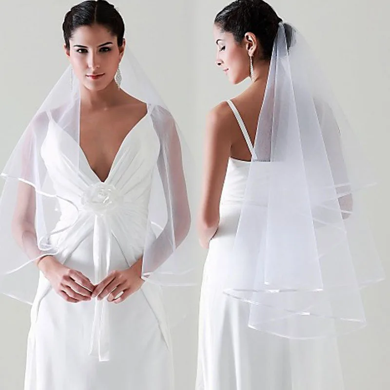 Tulle Wedding Veils Simple Two Layer Ribbon Edge Bridal Accesories White Ivory Wedding Veils ACCESSORIES OV000 bridal veil