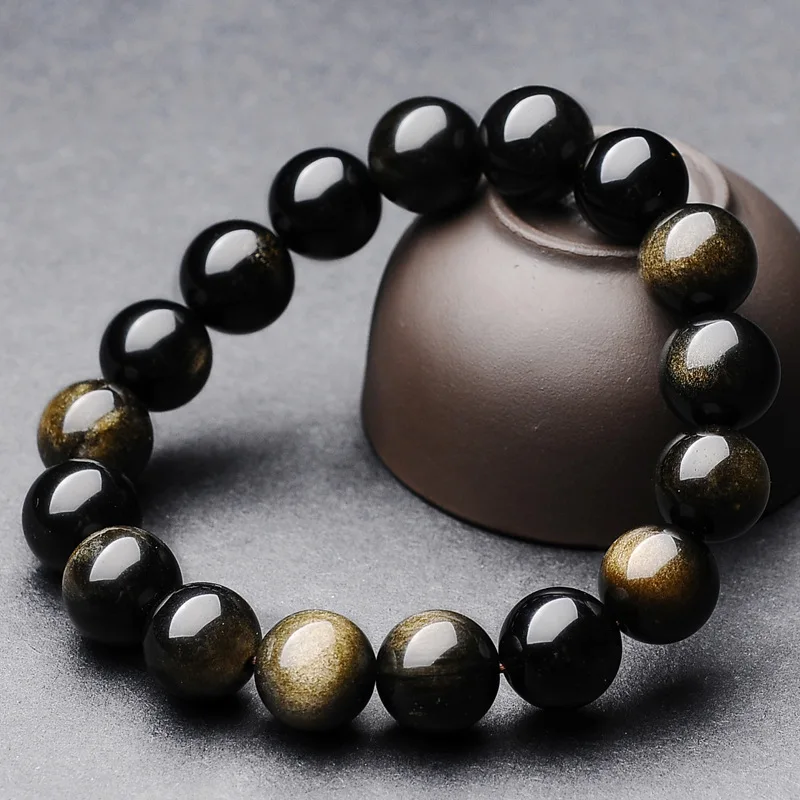 

Natural gold obsidian cat eye effect black stone beads bracelet men's string
