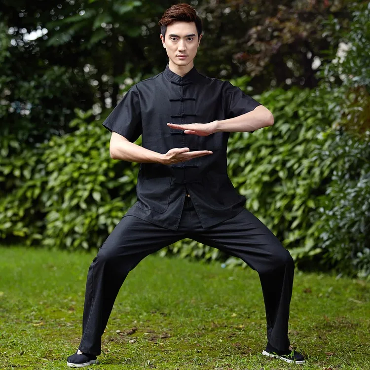 Скидка Черная китайская мужская униформа Тай Чи традиционная льняная костюм кунг-фу с коротким рукавом Wu Shu одежда размер L XL XXL XXXL