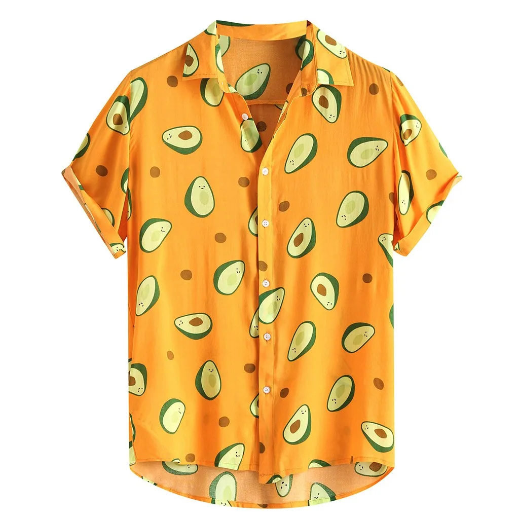 Гавайские рубашки для мужчин s забавные авокадо печатных отложной воротник короткий рукав повседневные рубашки мужские кнопки уличная пляжная рубашка Camisa - Цвет: Цвет: желтый