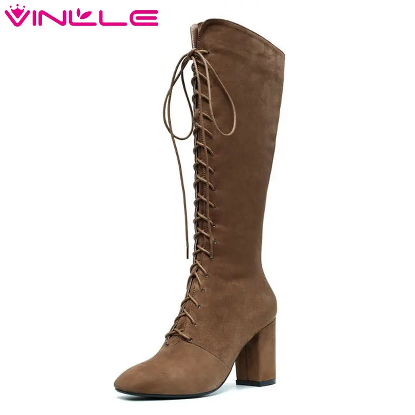 

VINLLE 2019 Elegant Winter Shoes Women Boots Sheepskin Square High Heel Knee High Boots Lace Up Ladies Fashion Boots Size 34-39