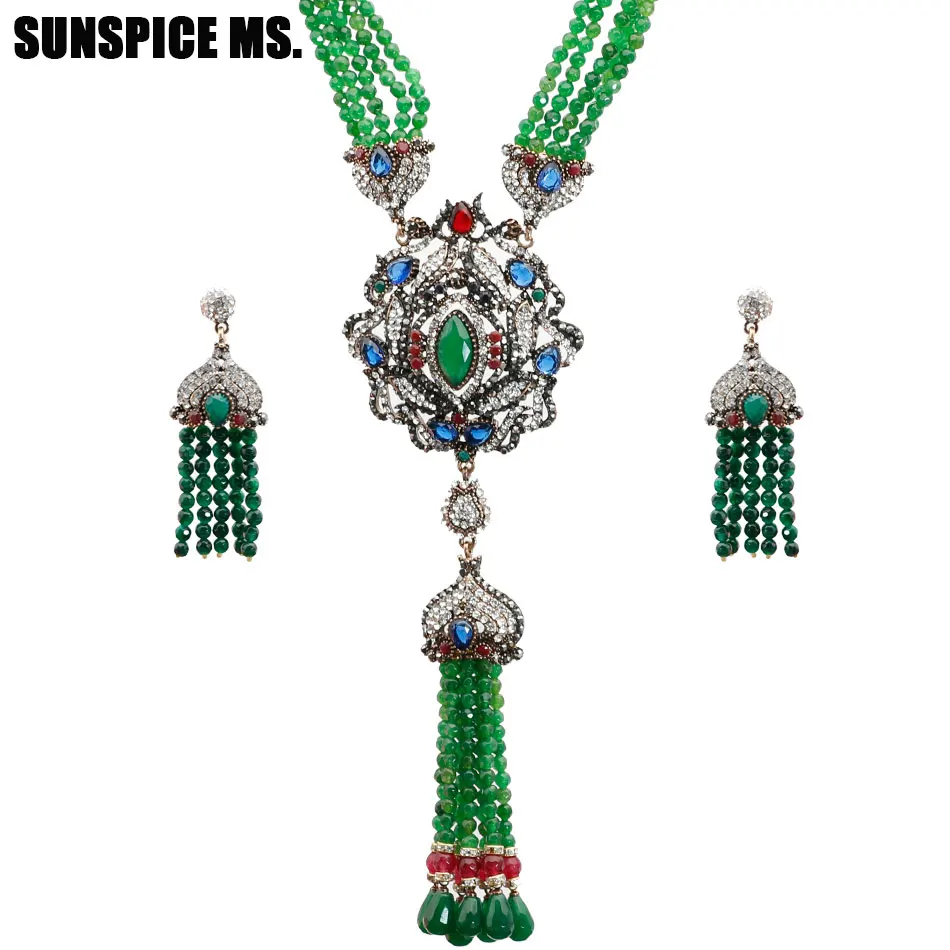 

New Turkish Beads Jewelry Sets For Women Antique Gold Color Natural Stone Tassels Drop Earrings Pendant Necklace Ethnic Bijoux