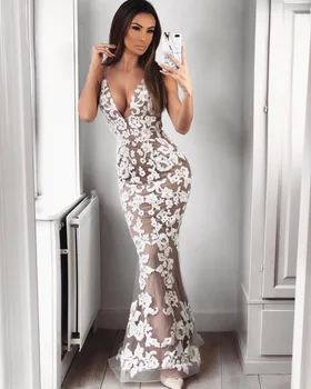 

2018 new style sexy empire deep V-neck mesh Appliques spaghetti strap bandage celebrity body con long dresses wholesale