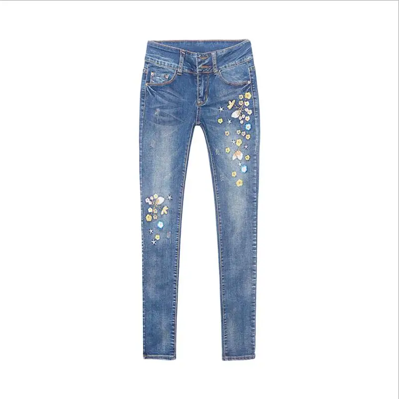 Осенние женские джинсы с цветочной вышивкой Pantalon Femme женские джинсы облегающие, брюки зимние джинсовые штаны джинсы-Карандаш Стретч WICCON - Цвет: Синий