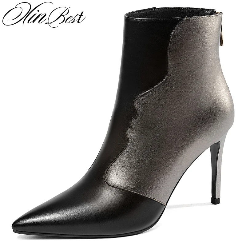 

XinBest Women Boots Hot Selling Pointed Toe High Heel Ankle Boots For Woman Genuine Leather Stiletto heel Boot Shoes For Girl