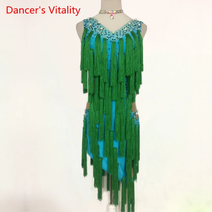 

2018 NEW Custom made Latin Dance Costume Tassel bead Latin Dance Dress For Women Kids Latin Dance Competition Sleeveless Dresses