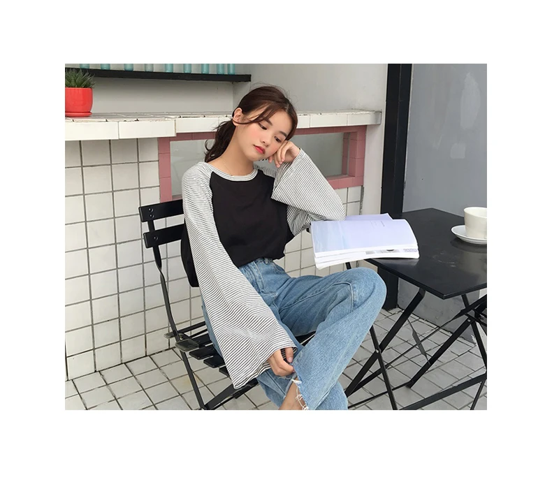 YouGeMan модная футболка женская весенняя одежда корейская Ulzzang Harajuku полосатая футболка с длинным рукавом Женская свободная футболка Топы