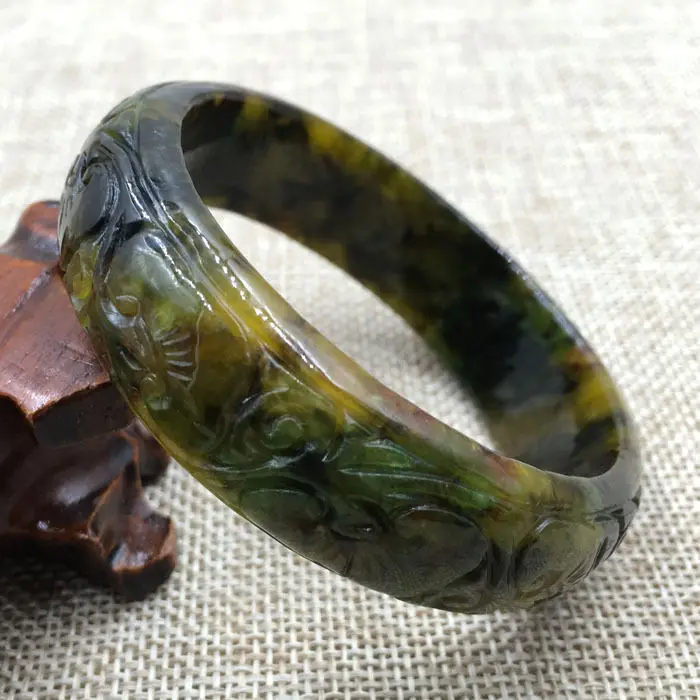 

Hot selling>@@ 57mm Vintage Chinese Hand-carved Brown Green Jadeite Jade Bracelet Bangle 925 NEW -Bride jewelry free shipping