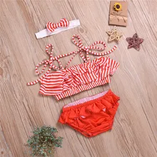 Для маленьких девочек Красный Полосатый купальник рюшами Cami Топы и Шорты и повязка Комплект из 3 предметов пляжное бикини комплект одежды 0-24 M
