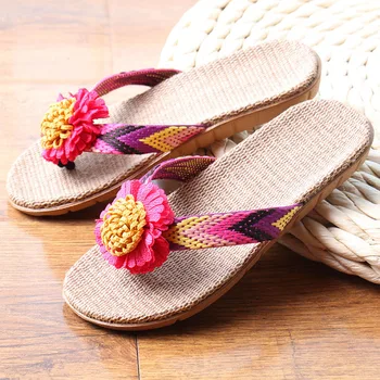 

Summer Women Linen Slippers Flower Ribbon Sandals Flat Eva Non-slip Linen Slides Home Flip Flop Health Straw Lady Beach Shoe