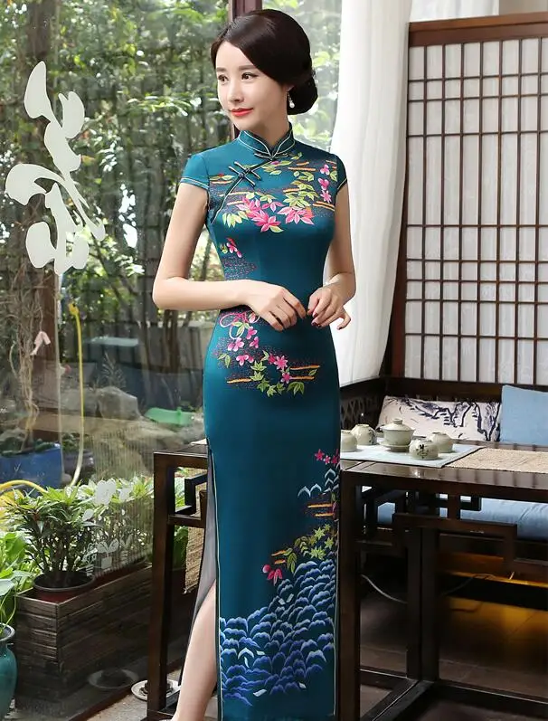 New Arrival Light Blue Women's Rayon Long Cheongsam Fashion Chinese ...