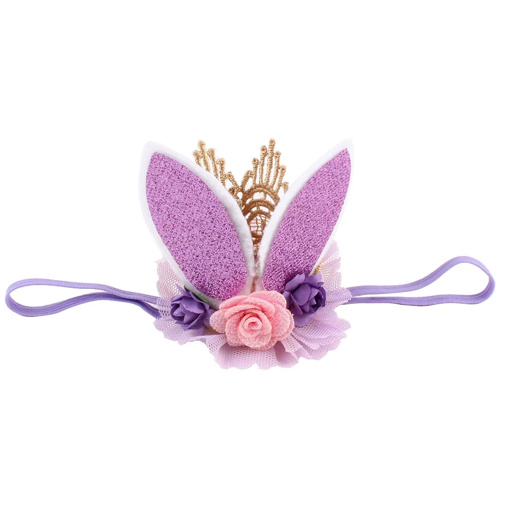 Детские повязки на голову для новорожденных ручной работы DIY кроличьи ушки резинки для волос с цветами на день рождения аксессуары для волос, реквизит для фотографирования реквизит - Цвет: Purple