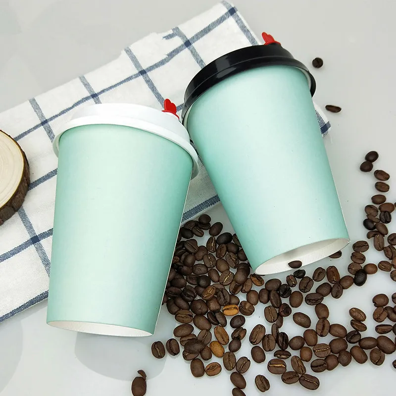 

50pcs Blue thick paper cup disposable coffee cup milk tea hot drink beverage takeaway packaging cups with lids