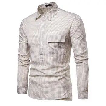 

Long-sleeved shirt Camisa social Blouse Men Fashion Unique design Lattice Plaid Mens Dress Shirts Lapel Khaki Blue