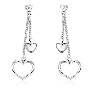 

Valentines Gift Jewelry 100% Genuine 925 Sterling Silver Double Layered Hear Woman Lady Tassel Stud Earrings Ear Accessory