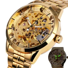GAGNANT De Luxe de Squelette Rétro Robe Hommes Automatique Mécanique Montre-Bracelet Montres Homme Métal Bracelet Top Marque D’or Cas + CADEAU BOÎTE