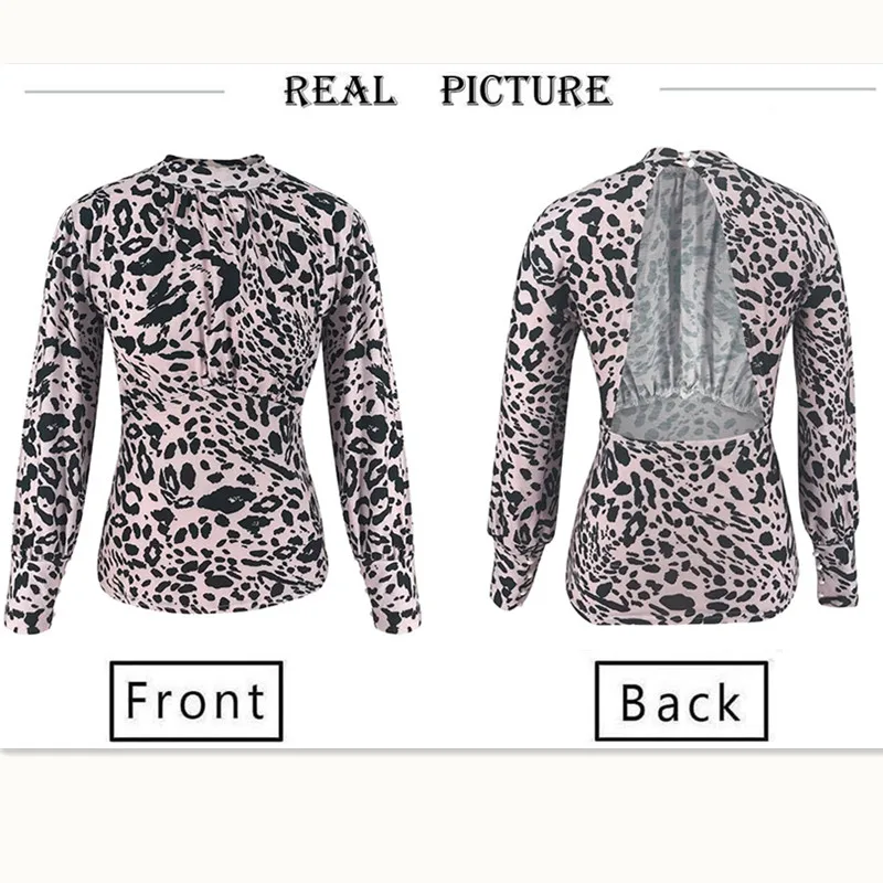 2019 New Fashion Women Summer Leopard Print Long Sleeve Turtleneck Backless Blouses Casual Loose Blouses