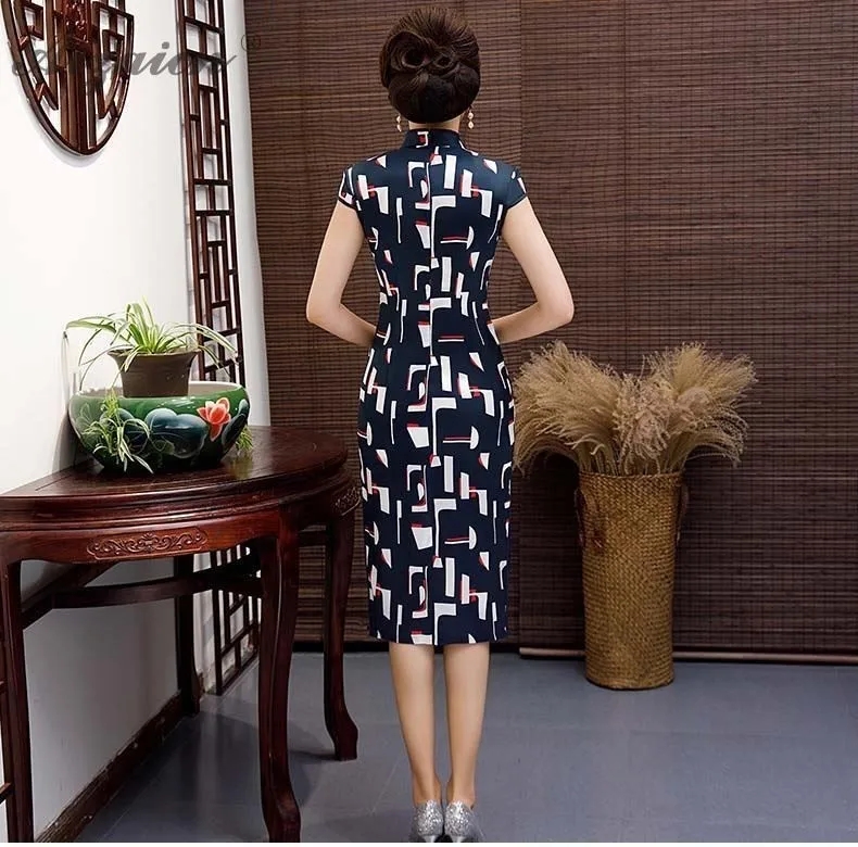 Impresión Cheongsam с длинными рукавами moderna madre Qipao vestidos Восточный trajes de las mujeres vestido Чино tradicional vestido negro