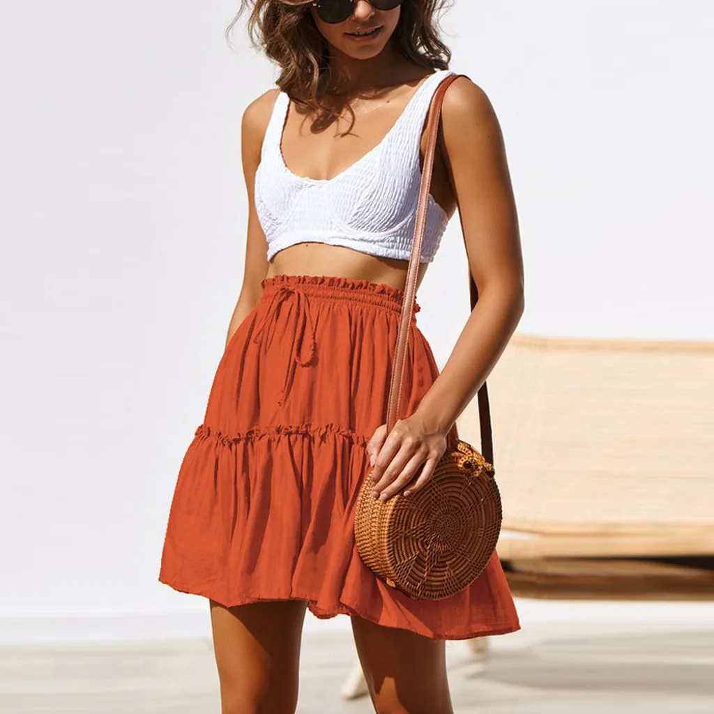 

Women Casual Loose Short Mini A Line Skirt 2019 Summer Drawstring Elastic Mid Waist Pleated Skirt Lace Up Beach Party Streetwear