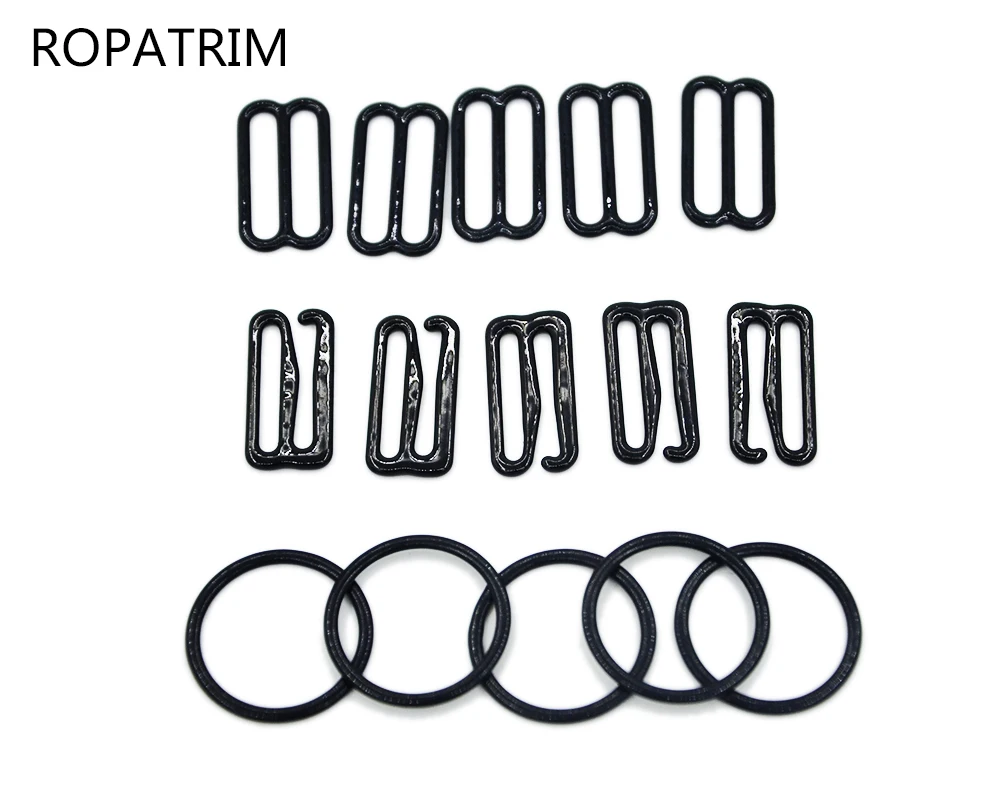 

Wholesale 100set Size 8mm/12mm/10mm/15mm/20mm/25mm Black Color Nylon Coated Metal Bra Adjuster Slider Hook Ring DIY