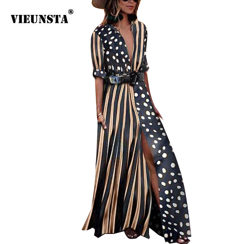 

VIEUNSTA Stripe Polka Dot Print Contrast Long Dress Women Front Split Half Sleeve Autumn Dress Elegant V Neck Party Maxi Dresses