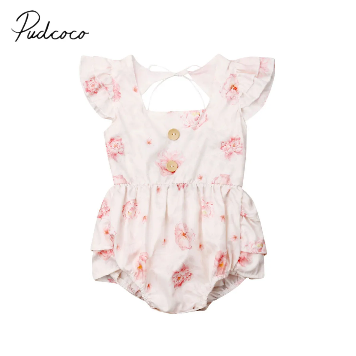 

2019 Baby Summer Clothing 0-24M Newborn Infant Baby Girl Boys Flowers Bodysuits Ruffle Sleeves Pink Jumpsuits Backless Outfit
