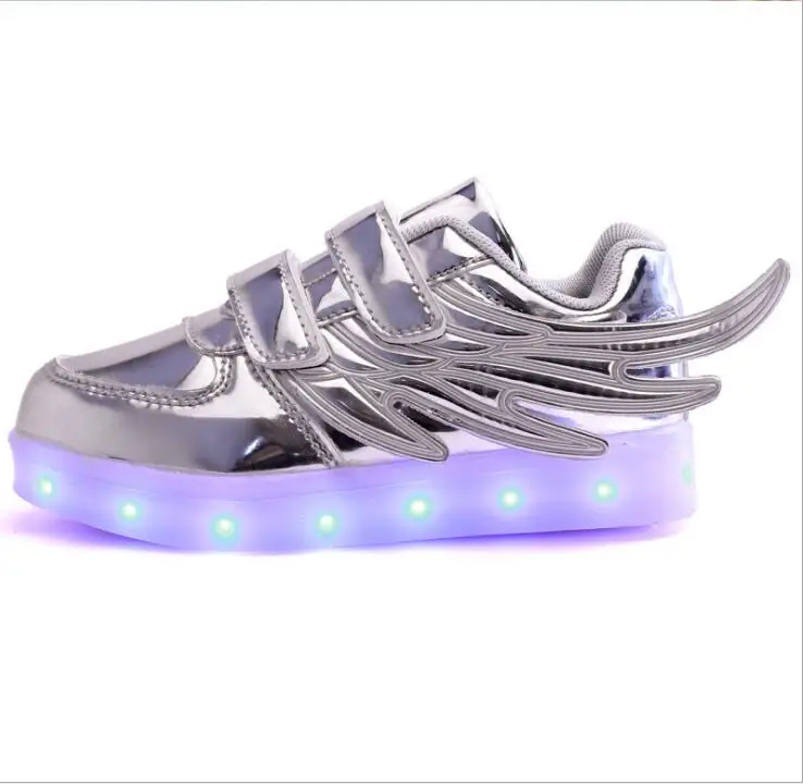Модные детские светодиодные кроссовки брендовые Светящиеся USB кроссовки для мальчиков и девочек Легкая спортивная обувь - Цвет: Серебристый
