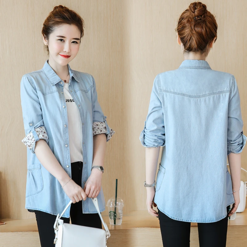 Женская джинсовая рубашка с длинным рукавом свободного покроя|long denim shirt womens|blouse