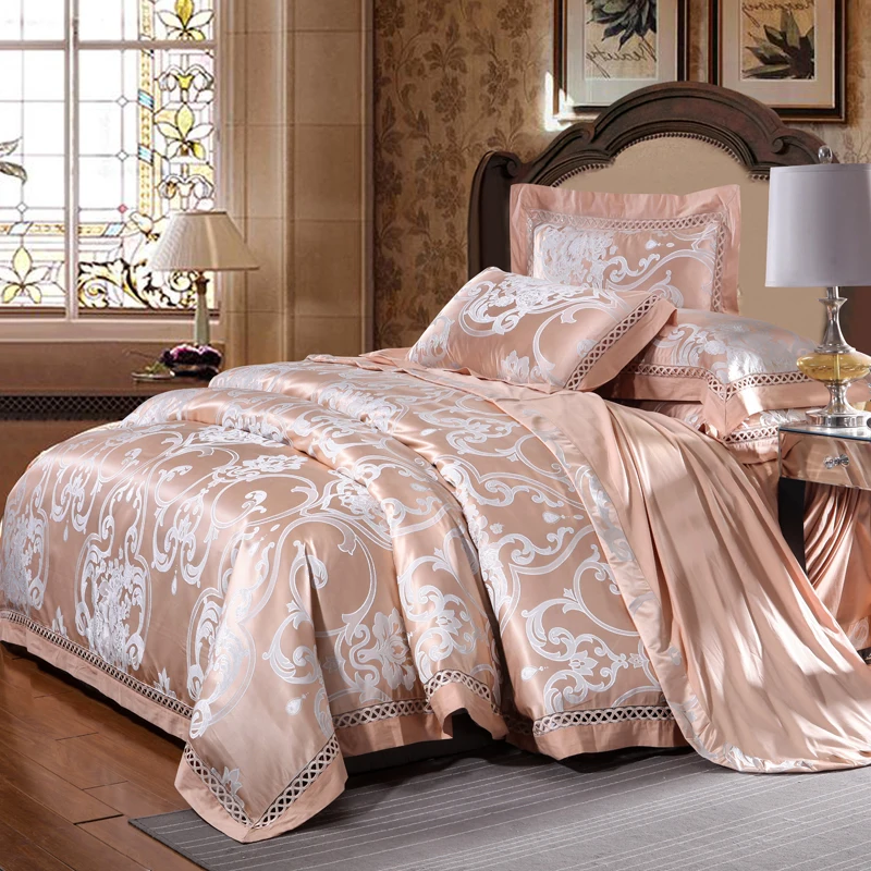 

Floral Style Ligth Tan Jacquard Bedding Silk Cotton Blend Queen King Size 4pcs Duvet Cover Flat Sheet Pillow Case