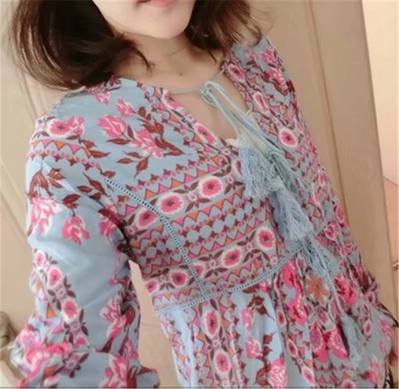 Винтажные шикарные модные женские богемные цветочные принты с v-образным вырезом на шнуровке Boho блузка Рубашки с длинным рукавом женские элегантные блузы
