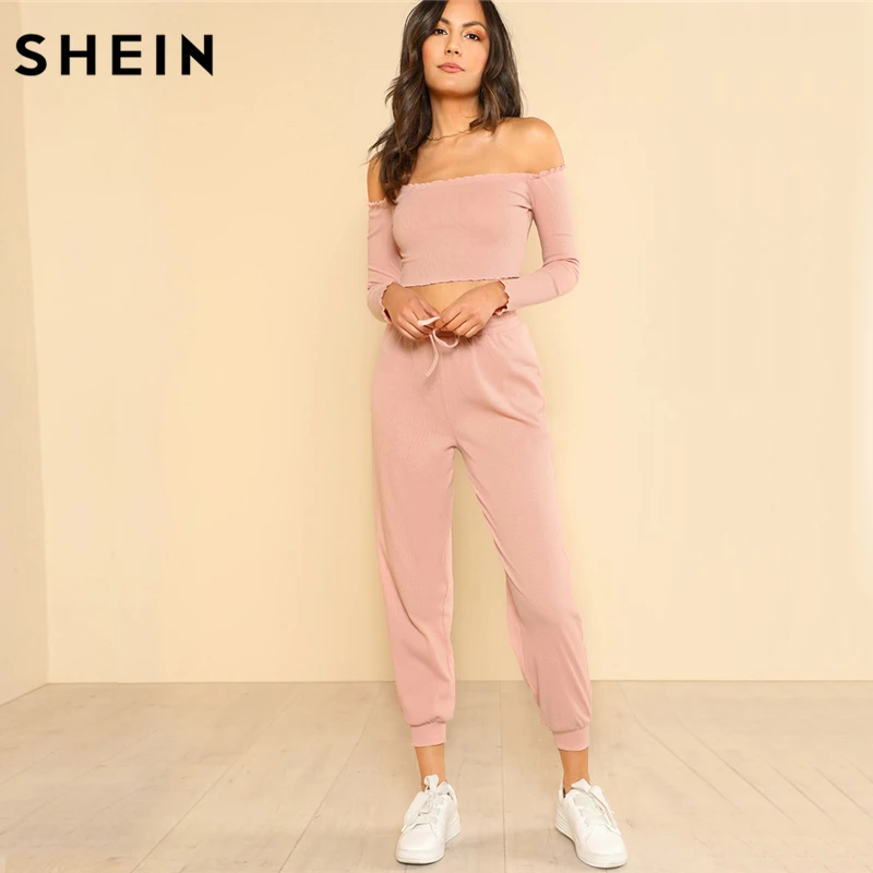 SHEIN Модный Топ С Открытыми Плечами И Спортивные Брюки Женский Спортивный