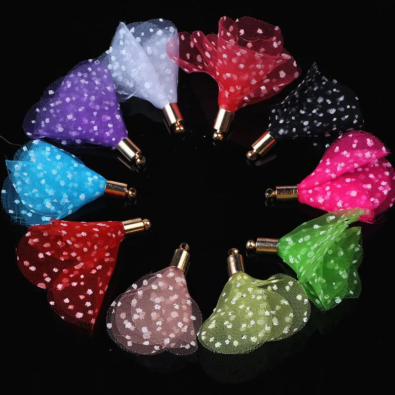 100pcs Mix Color Frabic Flower Tassel Charms Pendants For Earring Cellphone Straps Keychain Diy Jewelry Accessories Findings