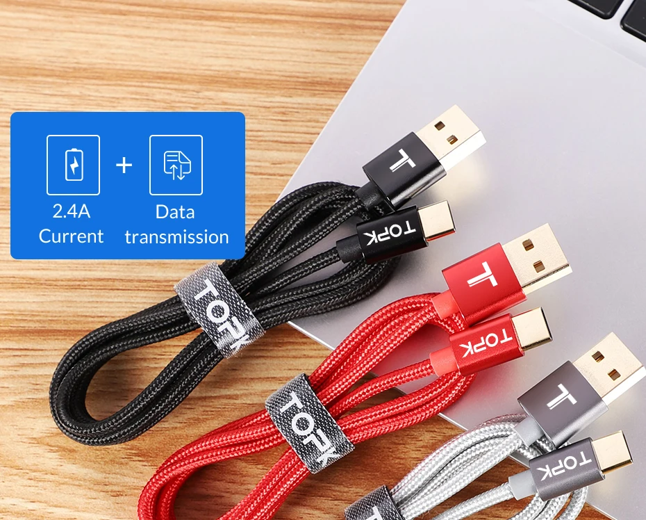 3-Pack TOPK 0,6 M/1,2 M/1,8 M usb type-C кабель с нейлоновой оплеткой для синхронизации данных type-C кабель зарядного устройства для samsung S9 Xiaomi MiA1 USB C