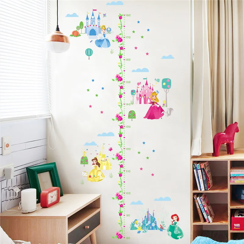 Snow White Anna Elsa Mermaid Rapunzel Cinderalle Belle Princess Growth Chart Wall Stickers Home Decor Kids Height Measure Decals