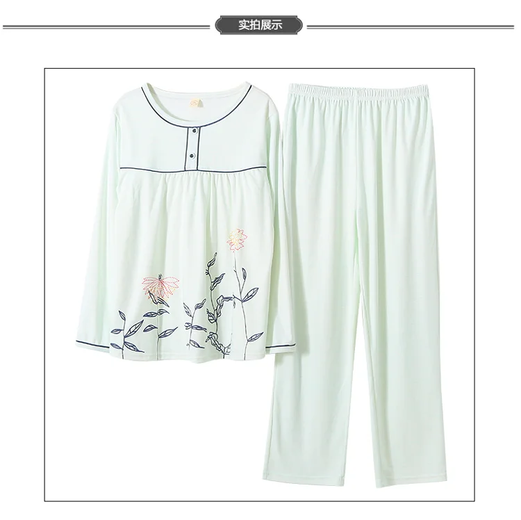 Новый 100% хлопок цветочные Для женщин Пижама с длинными рукавами с круглым вырезом для отдыха большой Размеры L-3XL Комплект из 2 предметов