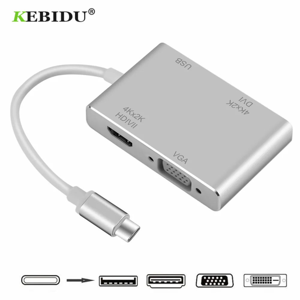 Кабель адаптер KEBIDU 4 в 1 USB 3 C Type к HDMI VGA DVI 0 для ноутбука Apple разветвитель