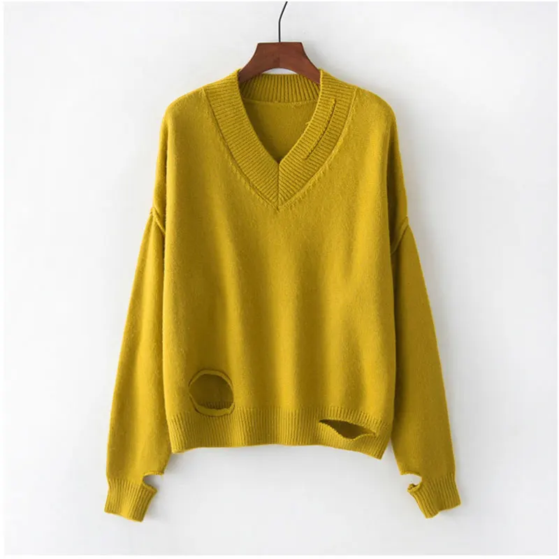 Korean Style Autumn Winter Warm Sweater Women Long Sleeve Pullover V Neck Basic Sweaters with Hole 2018 Knitted Tops Femme | Женская