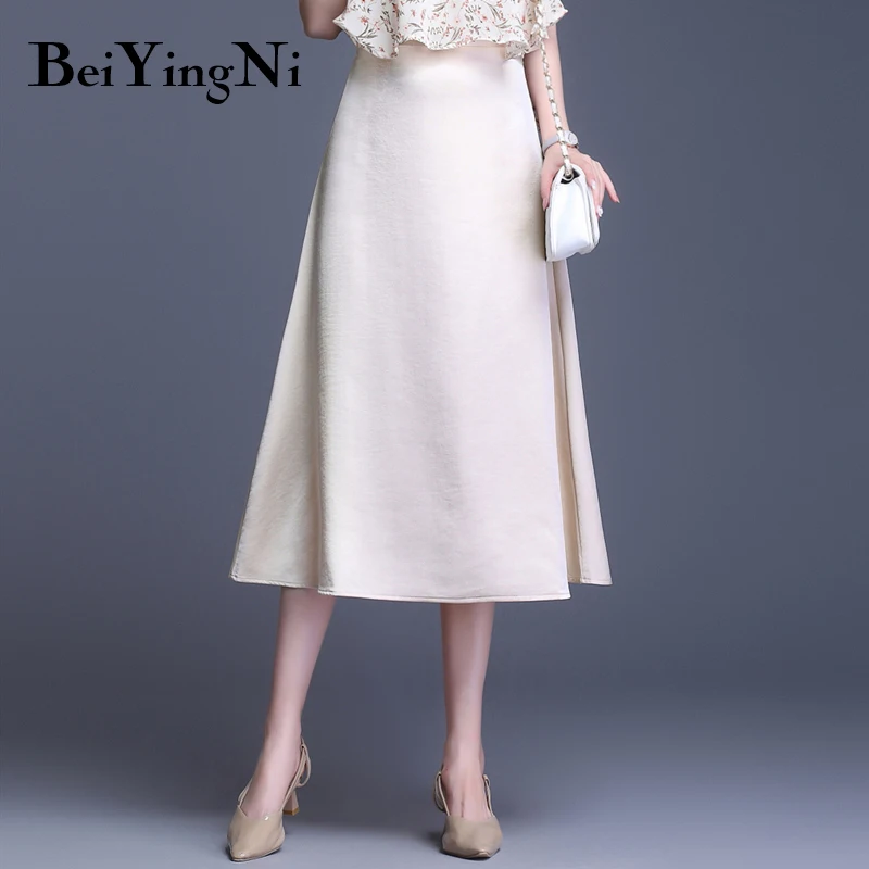 

Beiyingni 2019 Satin Vintage Skirt Lady Summer Slim A-line Solid Color Midi Skirts Casual Retro Office Saias Rokken Korean Falda